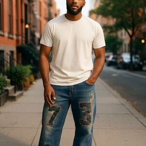 Pepe‎ Jeans Wide Leg Denim Jeans Patched Distressed Blue Mens Size 40 Very Rare